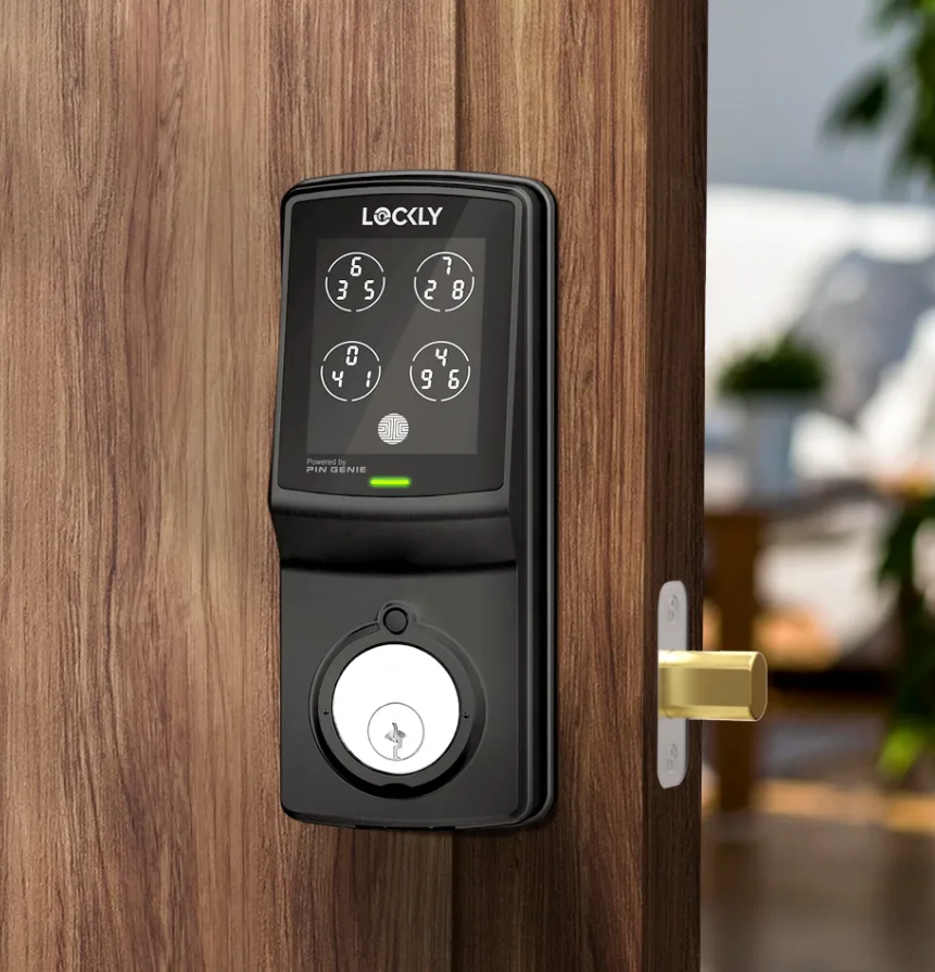 Schlage Encode Plus smart lock installed on residential front door with touchscreen keypad