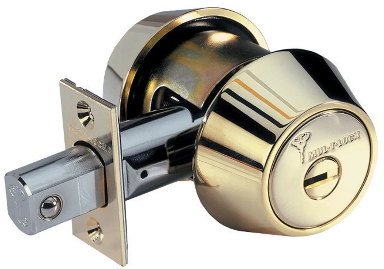 Mul-T-Lock MT5+ high security deadbolt with restricted keyway installed on residential front door