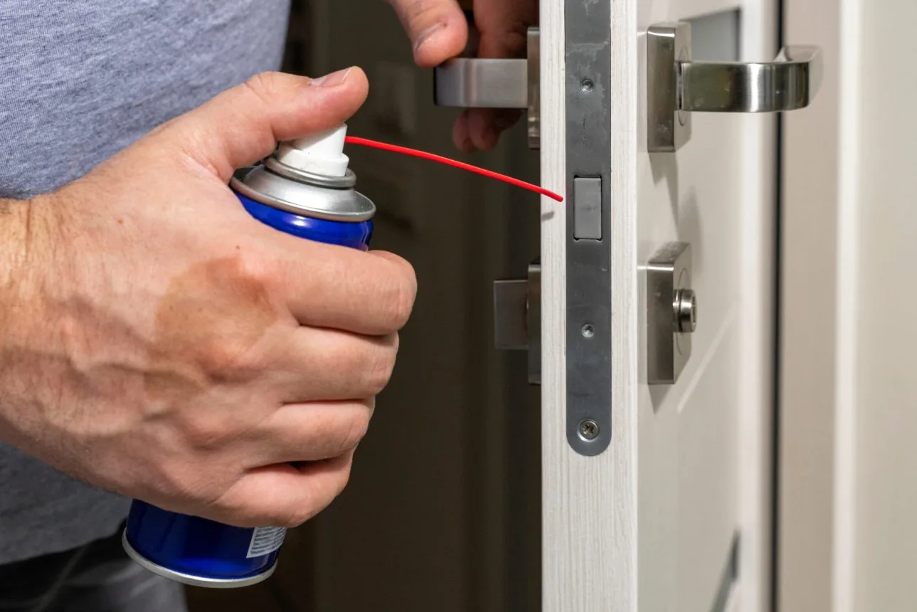 Locksmith lubricating commercial cylinder during scheduled maintenance visit in Plantation and surrounding cities